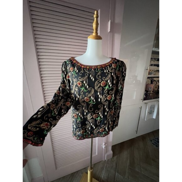 ART DECO Sz S/M Beaded Blouse Concetta Rafanello St. Martin Sequin GLAMOROUS - Picture 4 of 16